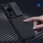 Чехол панель-бампер MyPads Tenda для Huawei P60 / Huawei P60 Pro из пластика с закрывающейся камерой и матовой отделкой «под карбон» с защитой шторкой заглушкой для камеры, черная