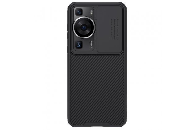 Чехол панель-бампер MyPads Tenda для Huawei P60 / Huawei P60 Pro из пластика с закрывающейся камерой и матовой отделкой «под карбон» с защитой шторкой заглушкой для камеры, черная