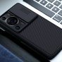 Чехол панель-бампер MyPads Tenda для Huawei P60 / Huawei P60 Pro из пластика с закрывающейся камерой и матовой отделкой «под карбон» с защитой шторкой заглушкой для камеры, черная
