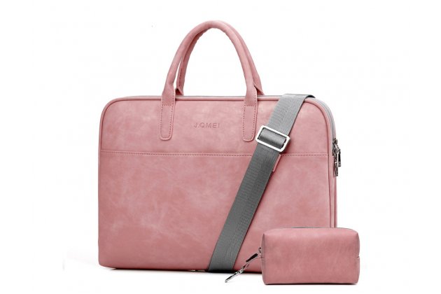 Сумка-портфель MyPads M933 для ноутбука 12.5 /13.3 /14.1 /15.4 /15.6 /16 / 17.3 из качественной искусственной кожи женская модная красивая с ручкой для переноски и с ремнем через плечо + сумочка для аксессуаров розового цвета